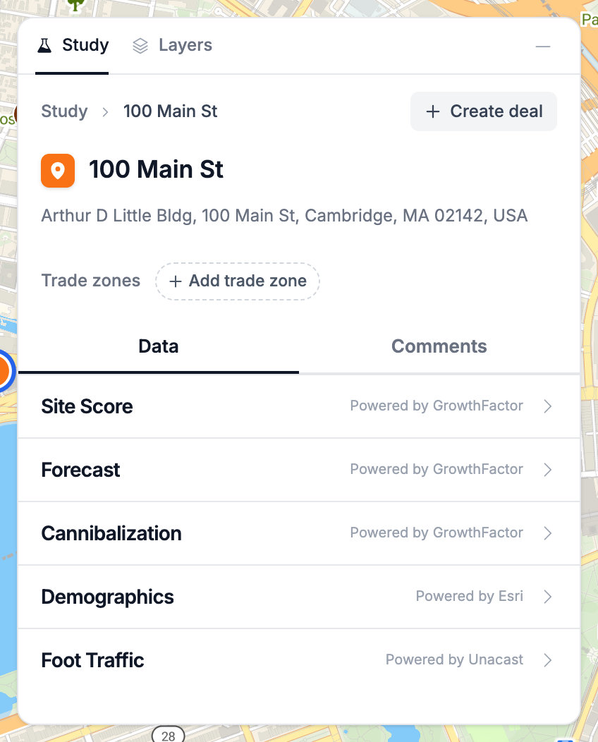 The pin panel on the Data tab, listing Site Score, Forecast, Cannibalization, Demographics, and Foot Traffic