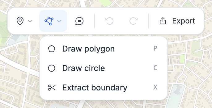 The Shapes group open in the study map toolbar, showing Draw polygon, Draw circle, and Extract boundary