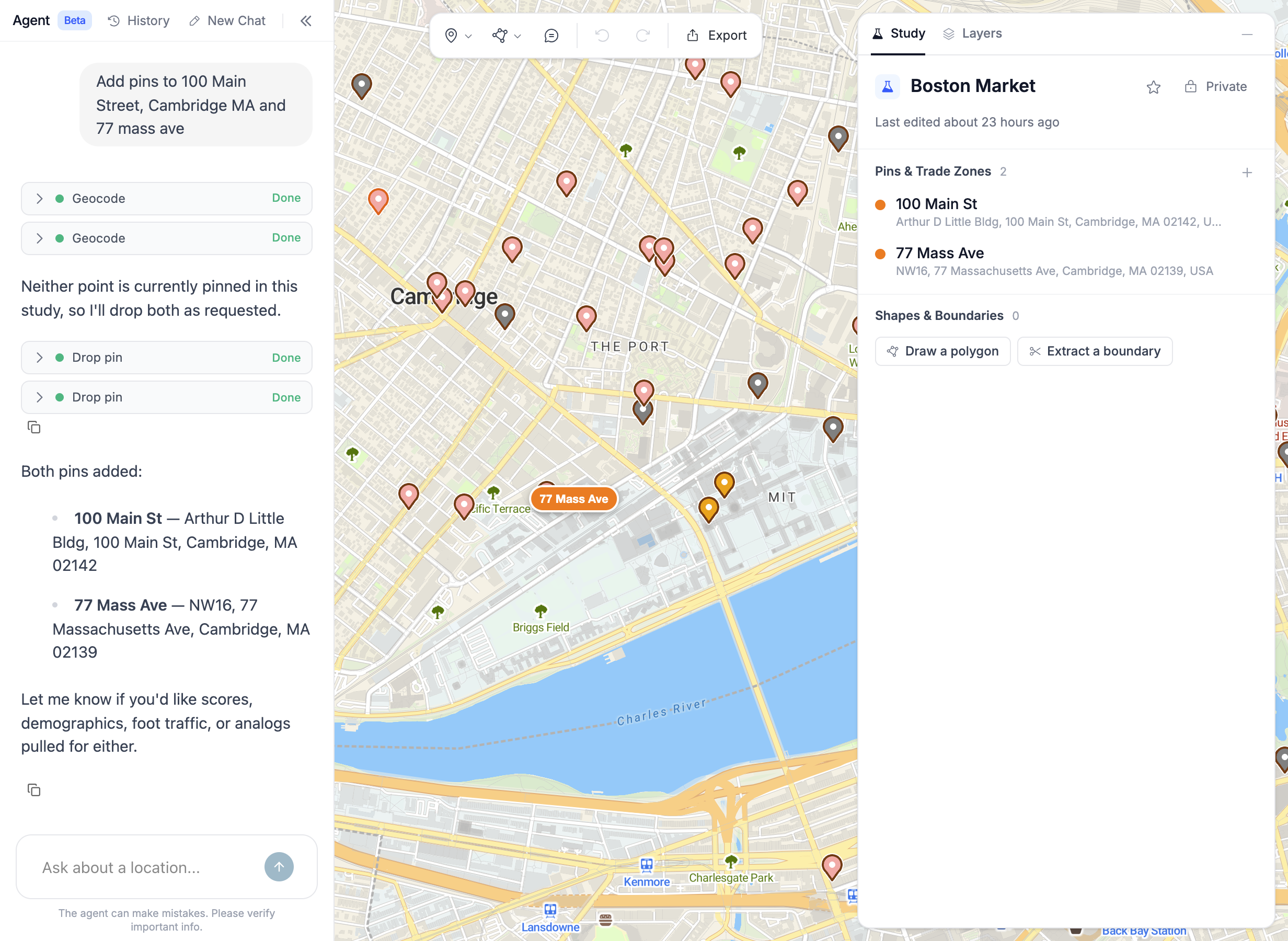 A study with the agent panel on the left, the map in the middle, and the study panel on the right