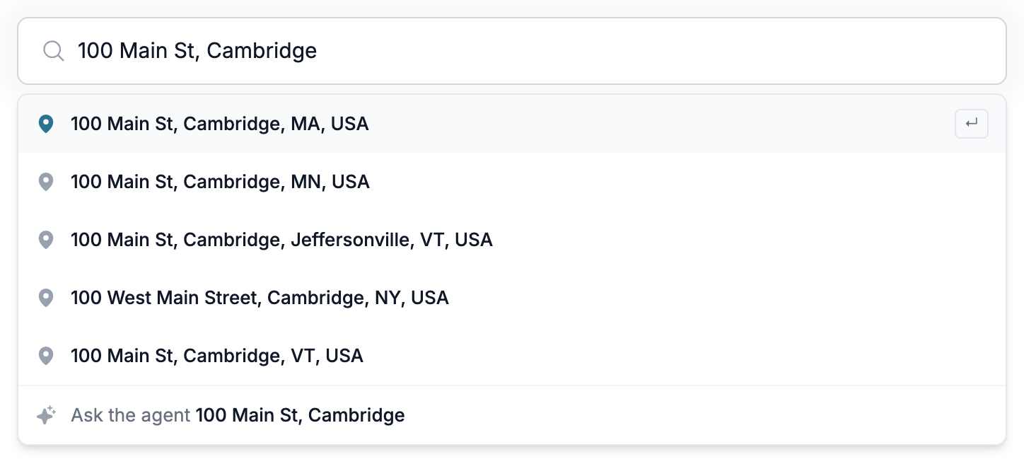 The Home search bar with an address typed, showing place suggestions above an Ask the agent row