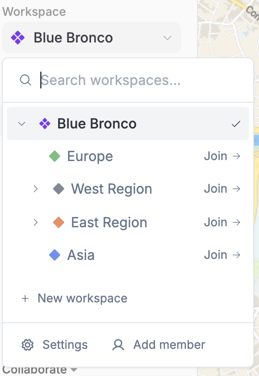 Workspace switcher dropdown with Settings and Add member buttons