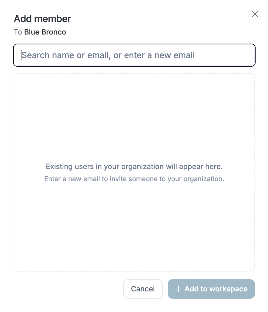 Add member dialog opened from the workspace switcher