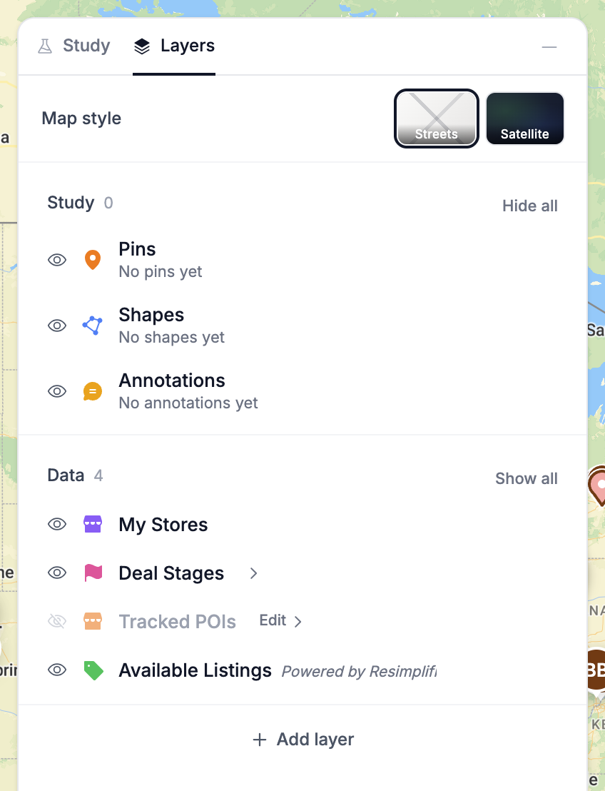 Layers tab of a Market Planning study, showing Available Listings added under the Data section