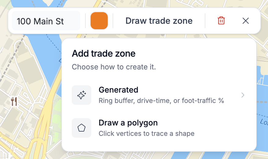 The Add trade zone popover offering the Generated and Draw a polygon paths