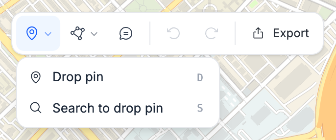 The Pins group open in the study map toolbar, showing Drop pin and Search to drop pin