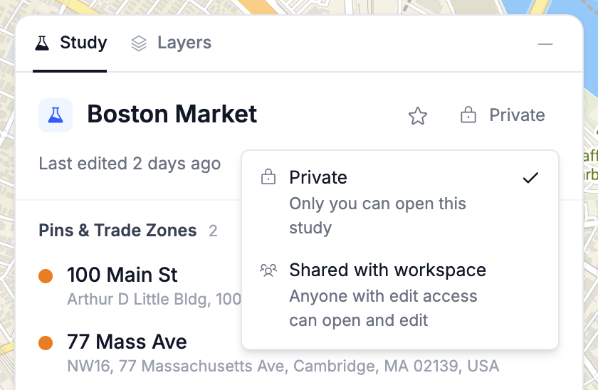 The sharing control open on a study, offering Private and Shared with workspace